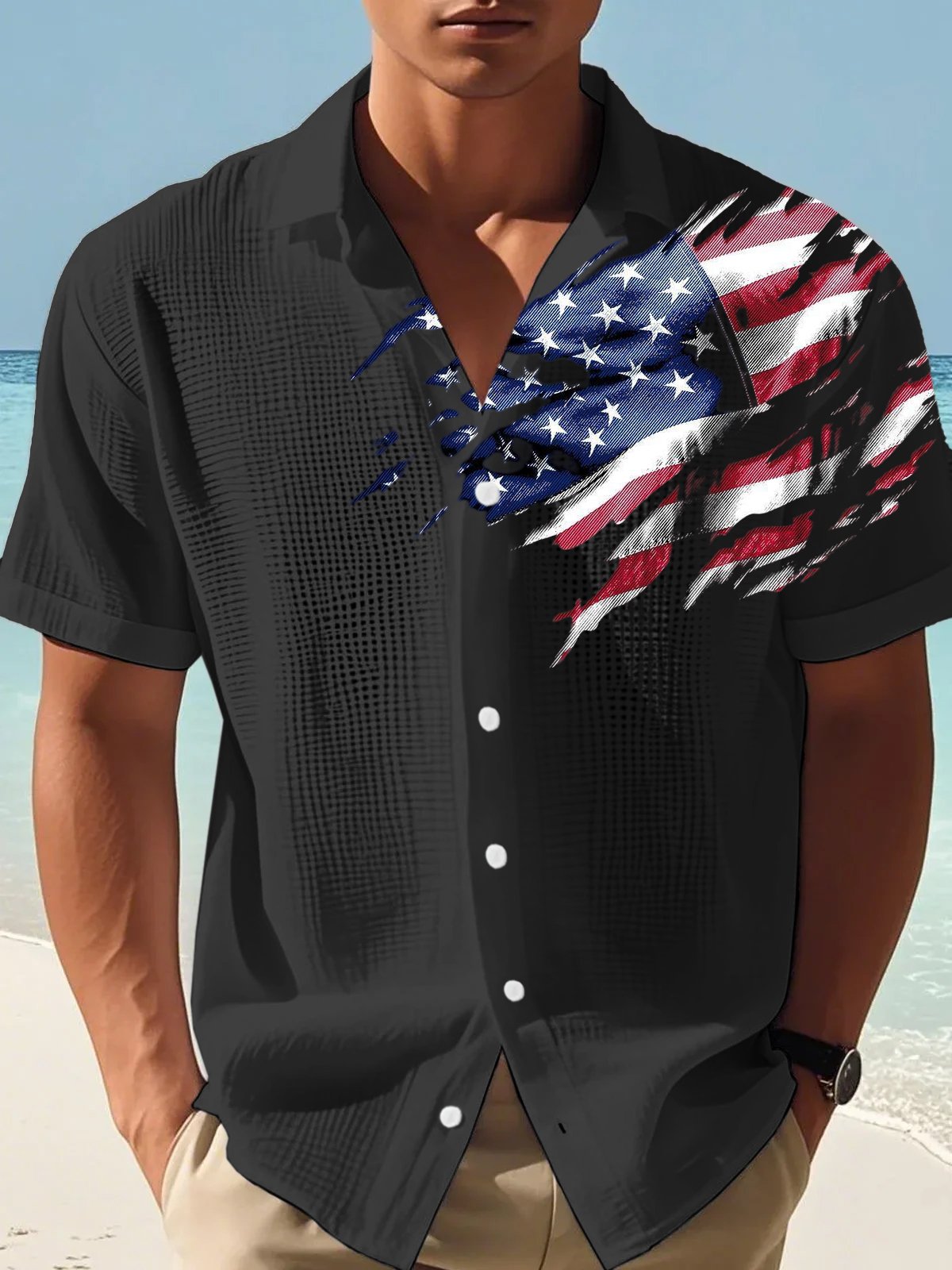Men'S National Flag Printed Casual Waffle Shirt