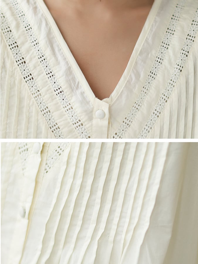 Women's Cotton Lace Patchwork Pleated Lantern Sleeve V-Neck Blouse