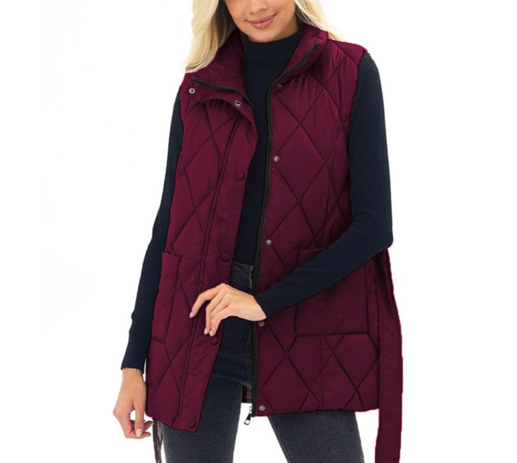 Mid-Length Women's Down Cotton Vest with a Station Collar