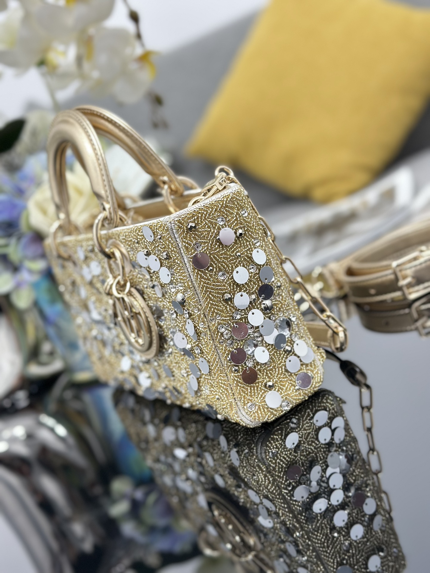 Dior Lady D-Joy Medium Embroidered Sequin Gold Lady Diana Bag M0540