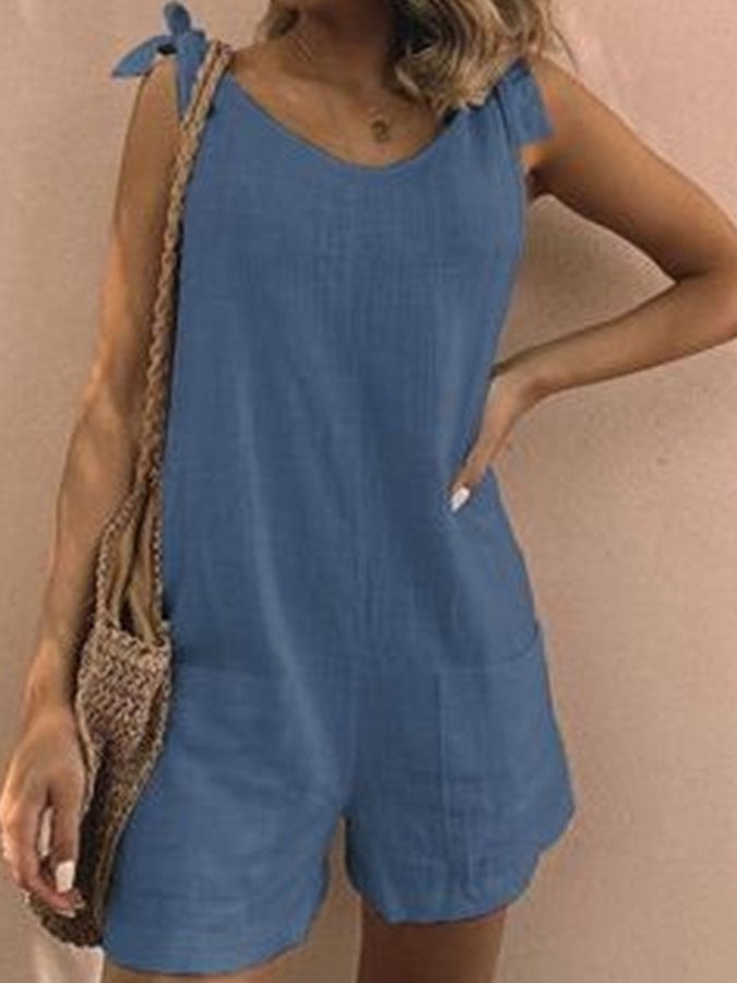 Casual Solid Color Cotton Linen Pocket Jumpsuit