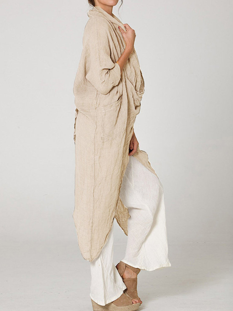 Vintage Linen Blend Long Sleeve Pile Collar Asymmetrical Cardigan