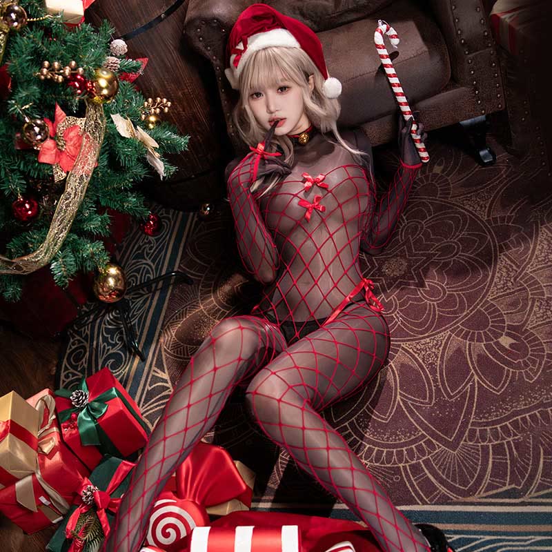 Christmas See-through Hollow Out Jumpsuit Lingerie Set