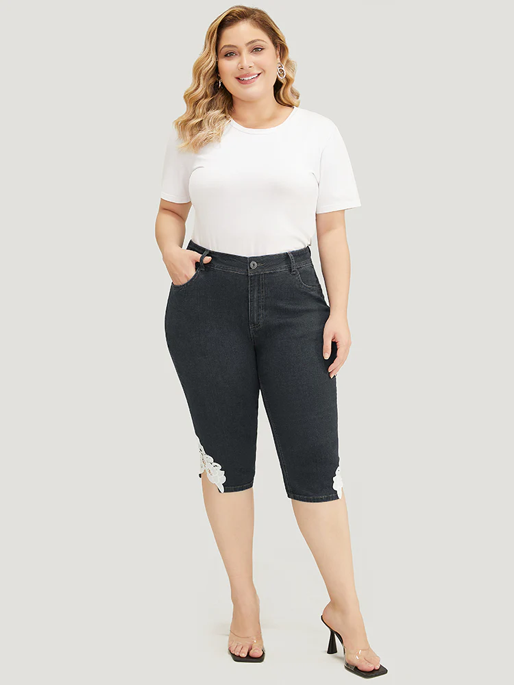 Very Stretchy High Rise Medium Wash Guipure Lace Knee Denim Shorts