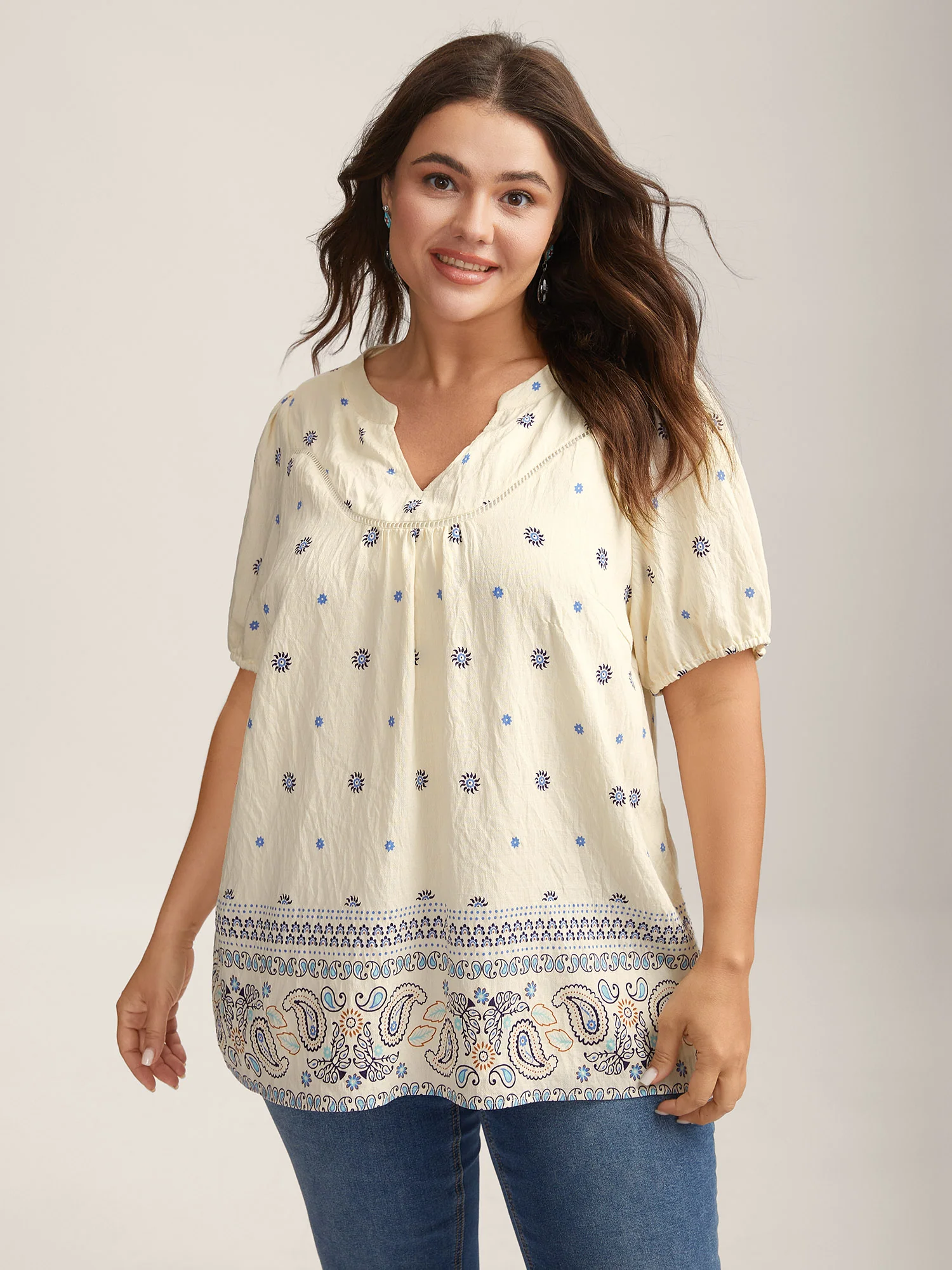 Boho Print Notched Collar Blouse