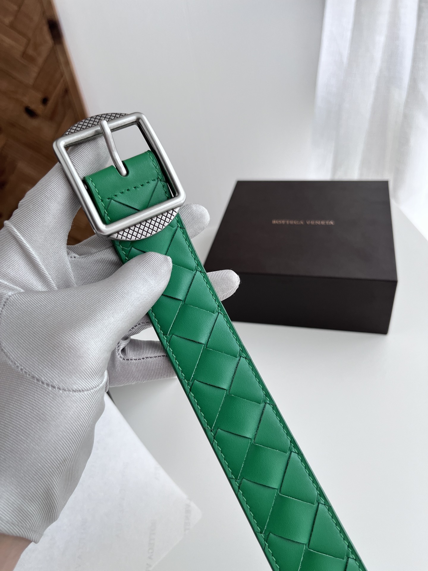 Bottega Veneta intreccio woven cowhide double-sided belt 3.5cm wide