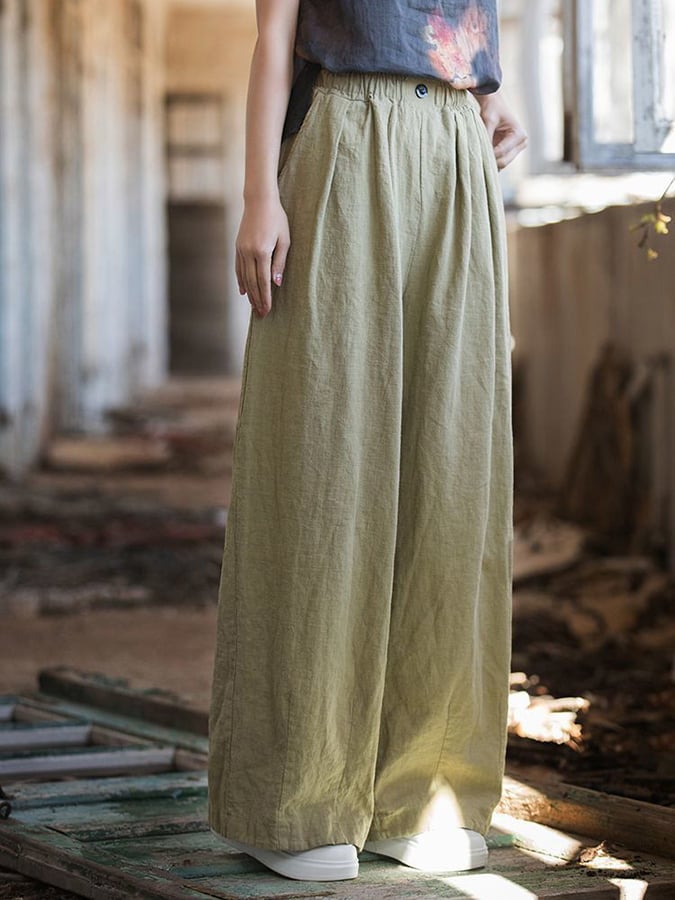 Women's Solid Color Loose Elastic Waist Casual Cotton And Linen Pants