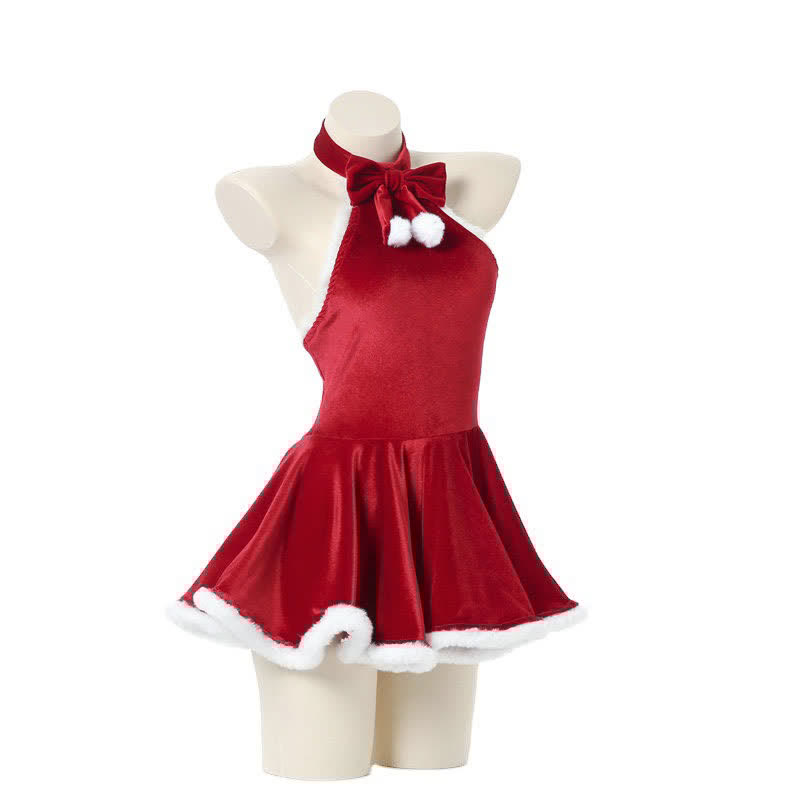 Bow Knot Ruffled Halter Christmas Dress Lingerie