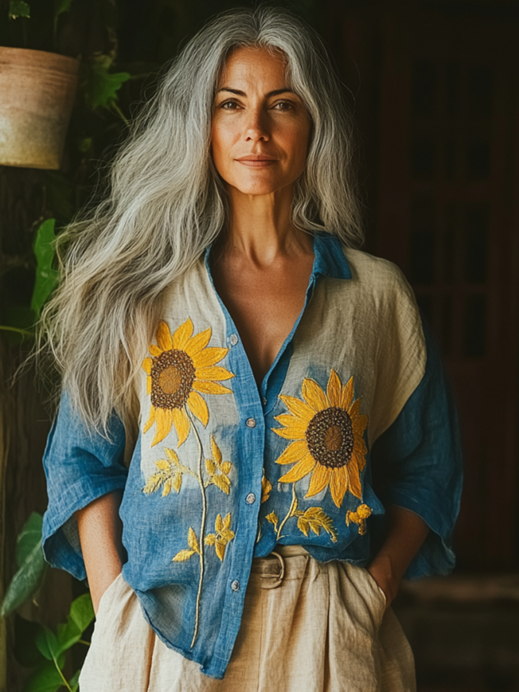 Bohemian Linen Floral Ukraine Sunflower Gradient Art Print  Long Sleeve Shirt