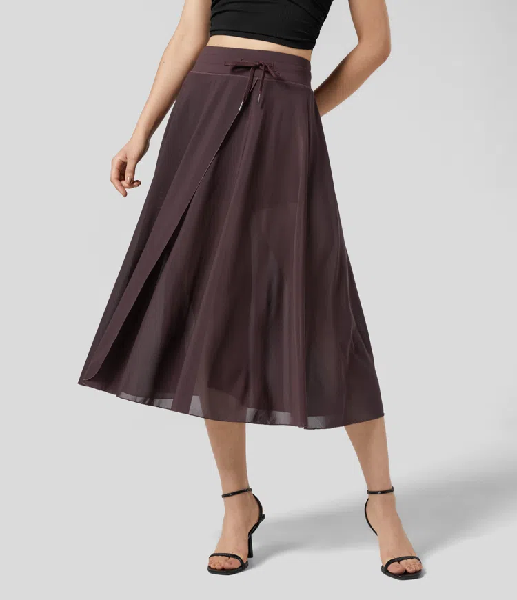 ON SALE🔥High Waisted Drawstring Contrast Mesh 2-in-1 Side Pocket Flowy Midi Flare Casual Skirt