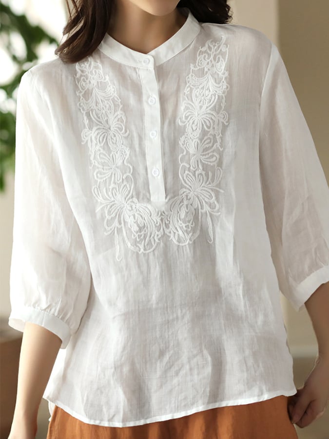 Women's Cotton Art Fashion Embroidery 3/4 Sleeve Half Button Shirt