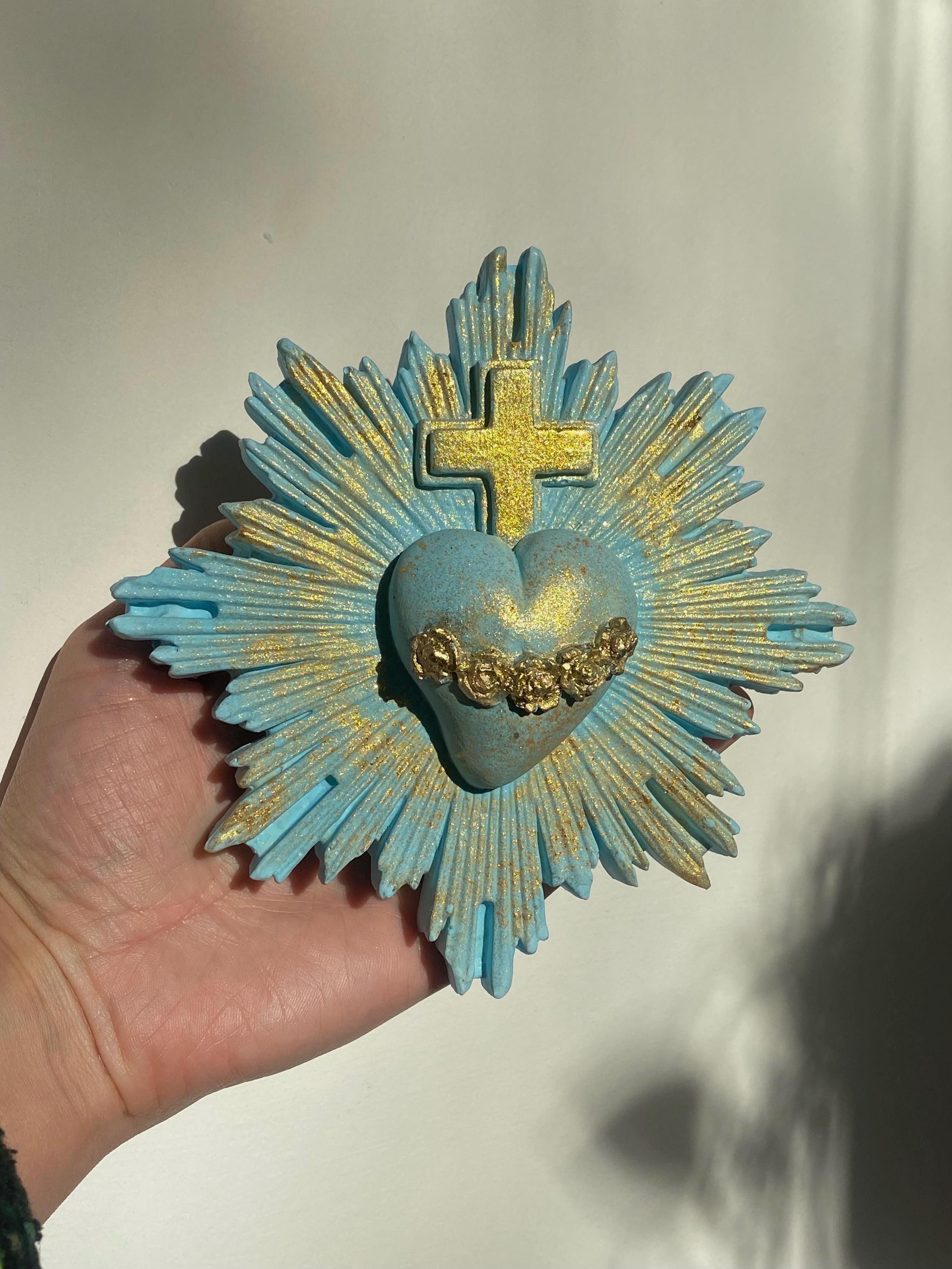 Sacred Heart Wall Decor, Milagro Heart, Flaming Heart & Cross, Handmade.