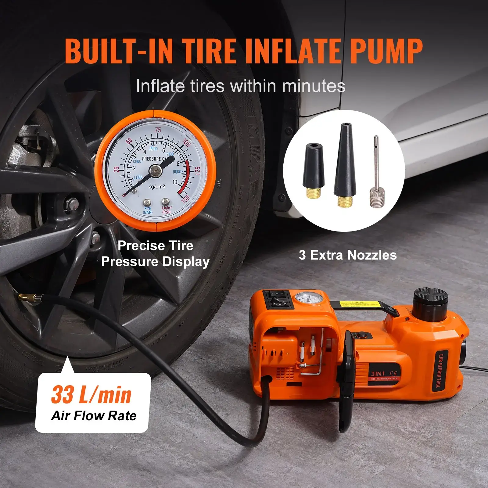 Electric Car Jack Set, Max 5 Ton/11023 LBS Hydraulic Jack/Scissor Jack  with Electric Impact Wrench, Built-in Inflatable Pump and LED Light, Portable Car Lift for SUV MPV Sedan Truck Change Tires Garage Repair