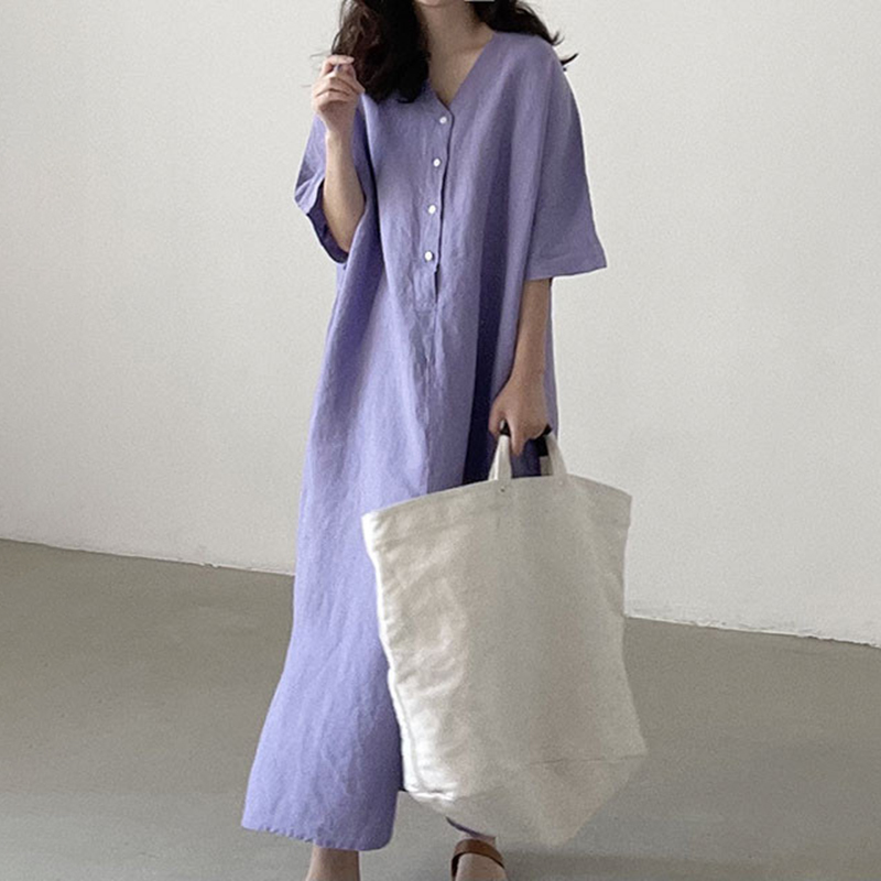 Button Down V Neck Comfy Maxi Dress