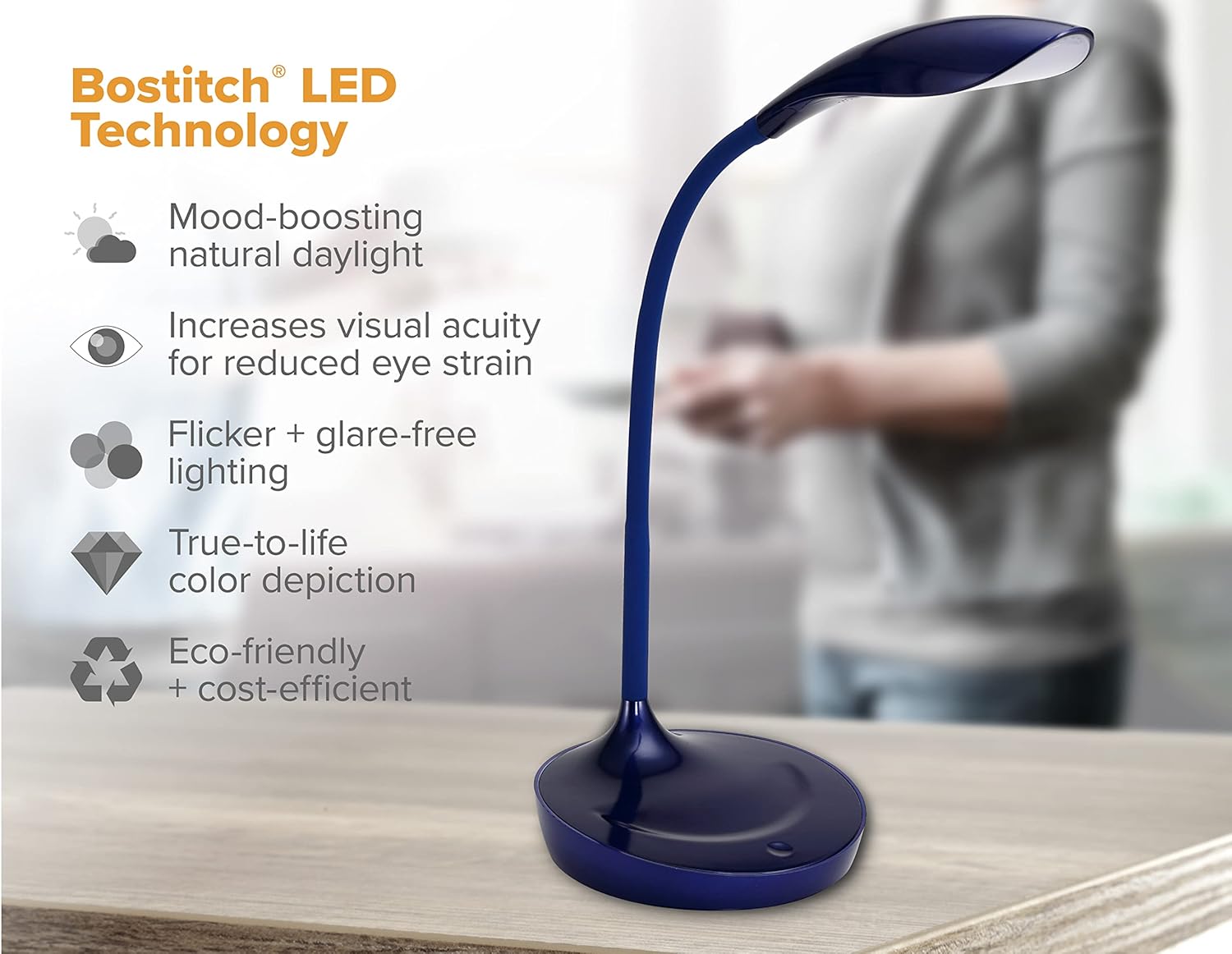 Bostitch Office LED Gooseneck Desk Lamp with USB Charging Port, 3 Dimming Levels, Touch Control, Blue (VLED1502-BLUE)