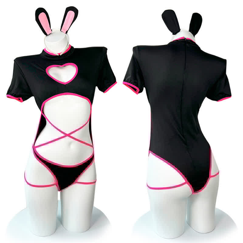Cosplay Kitty Hollow Out Jumpsuit Lingerie Stockings Set