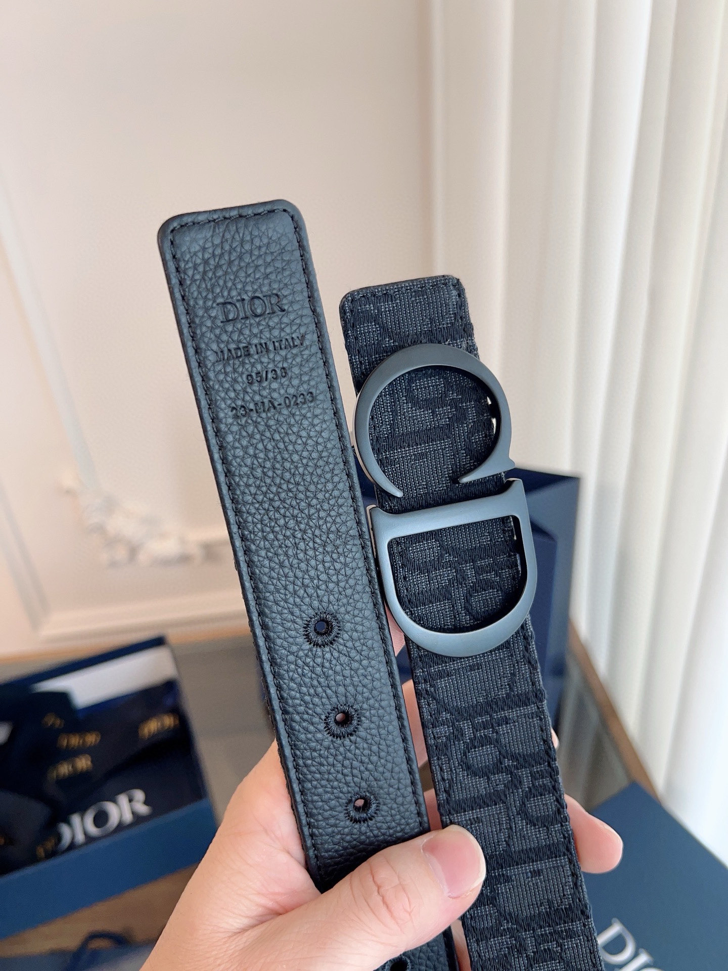 Dior Oblique black cloth and black cowhide belt width 3.5cm