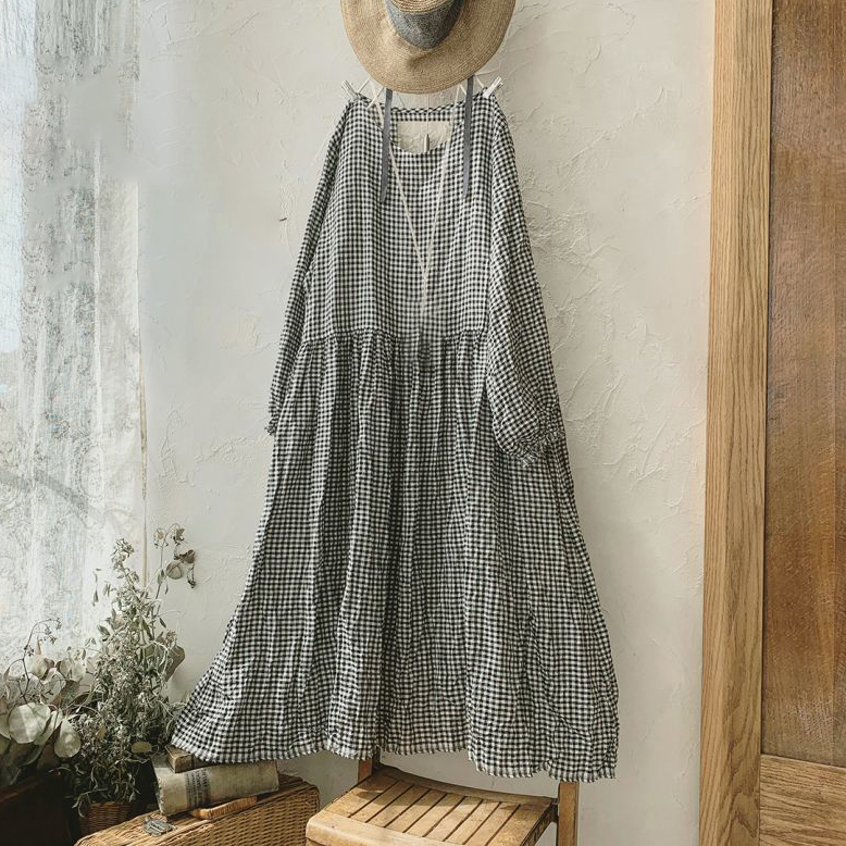 Vintage Checkered Long Sleeve Cotton Linen Midi Dresses