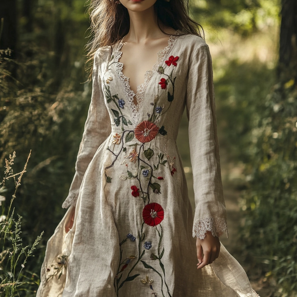 Vintage Forest Floral Embroidery Art Women's Linen Flowy Maxi Dress