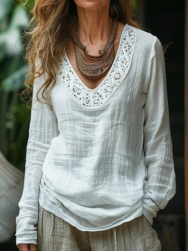 Elegant Lace Embroidery Floral Art Print Long Sleeve V-neck Shirt