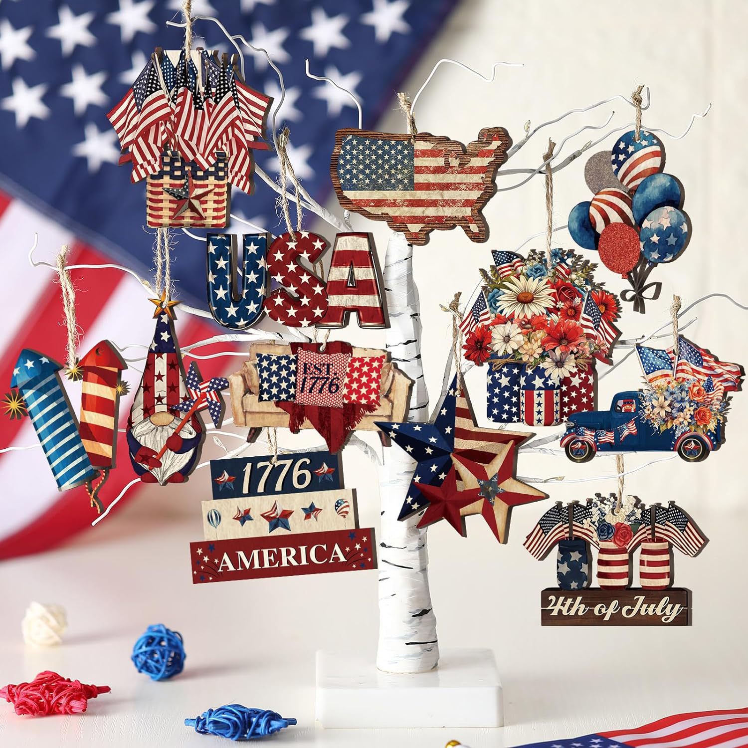 🔥[SAVE 50% OFF]--Independence Day Patriotic Decor-Handmade Double-sided printing Wooden Ornaments with the equipped rope