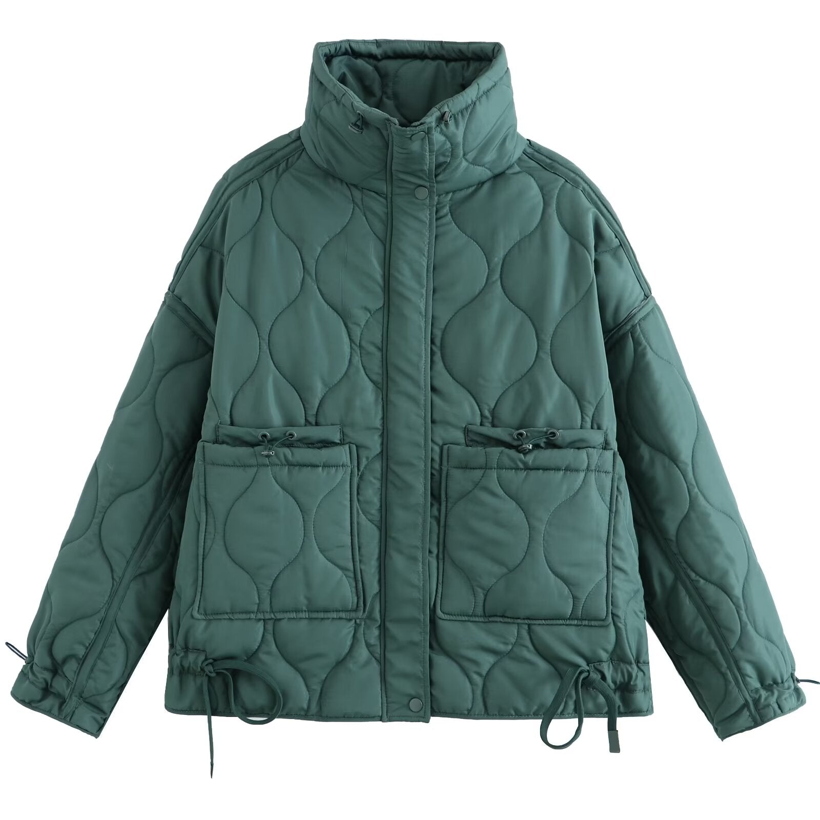 Casual Loose Diamond Lattice Stand Collar Long Sleeve Cotton Jacket Short Coat