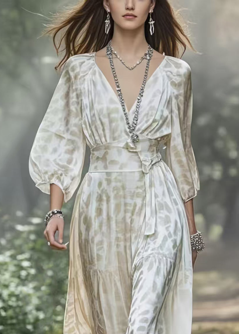Fashion White V Neck Draping Silk Holiday Dress Lantern Sleeve