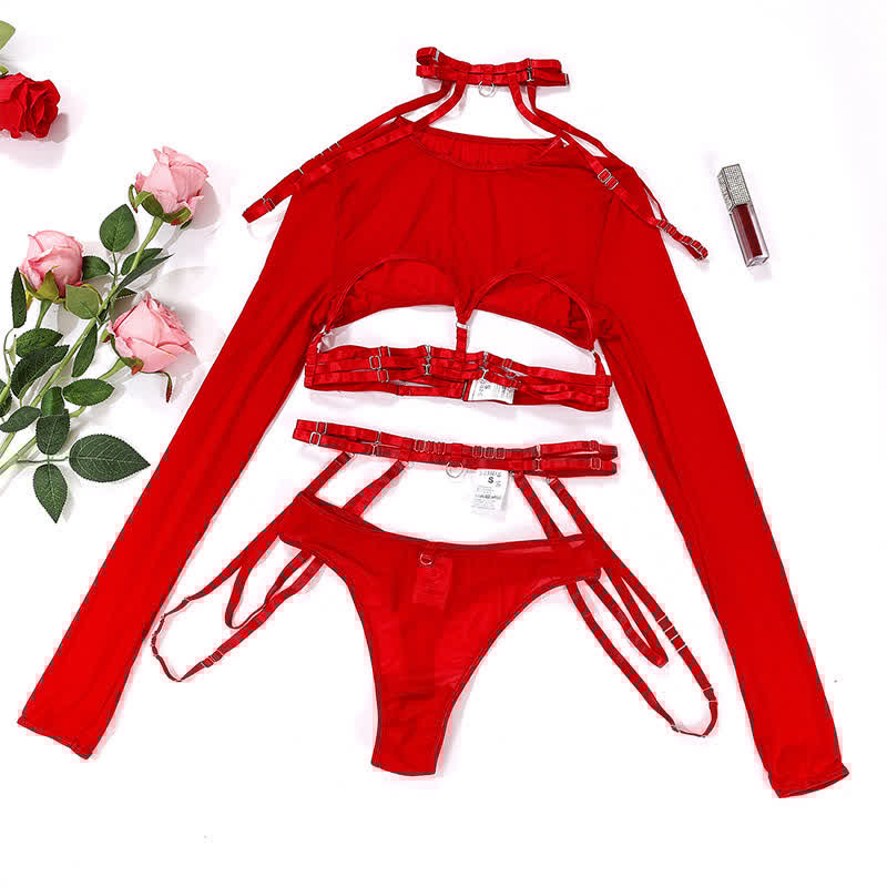 Sexy Hollow Out Mesh Long Sleeve Bondage Tops Set