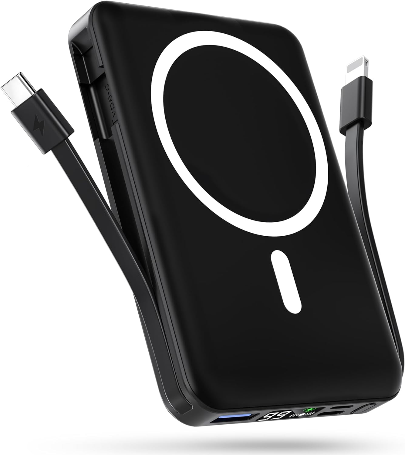podoru Wireless Portable Charger, 10000mAh Magnetic Power Bank Built-in USB-C Lighting Cables 22.5W PD Fast Charging LED Display Mag-Safe Battery Pack for iPhone 15/14/13/12/Mini/Pro/Pro Max - White