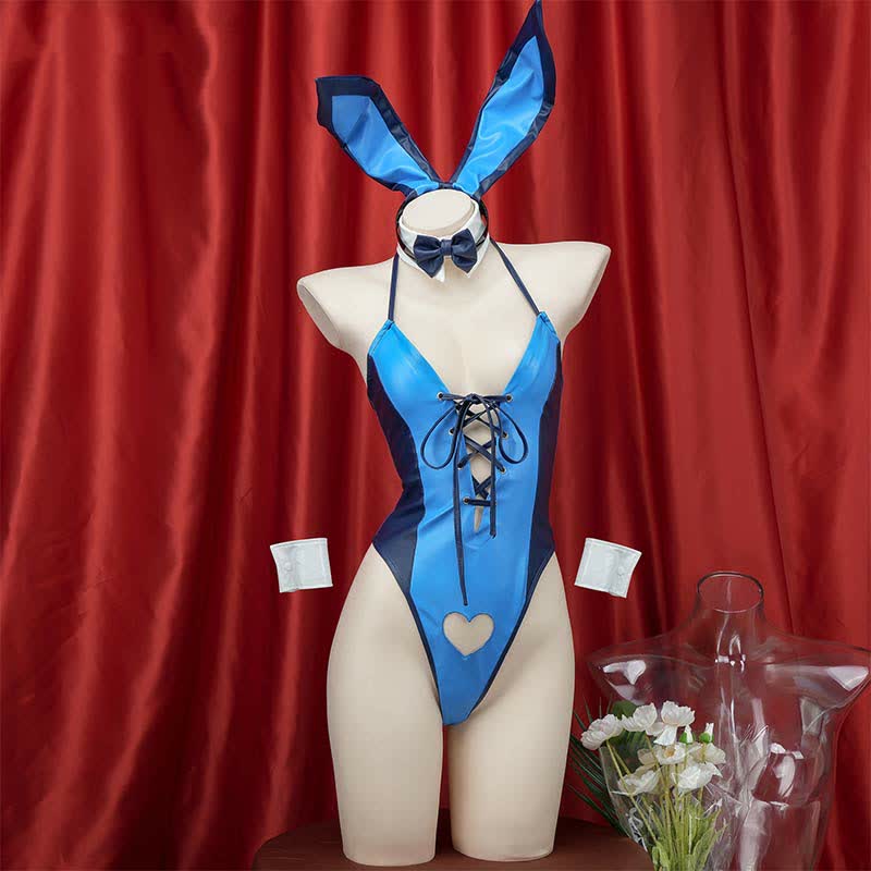 Cosplay Bunny Hollow Out Lace Up PU Jumpsuit Lingerie Set