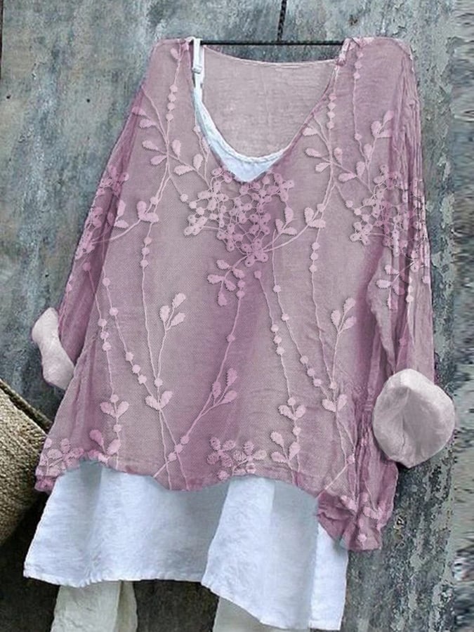 Women's Cotton And Linen Embroidered Printed V-Neck Top