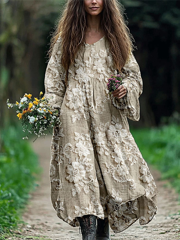 Vintage Floral Lace Embroidered Linen Blend Maxi Dress