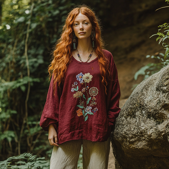 Retro Bohemian Floral Art Embroidery Print Cotton And Linen Blend Loose Blouse