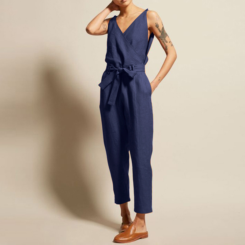 Solid Color Simple V-Neck Casual Jumpsuit