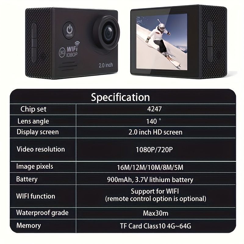 (Built-in Battery) Wifi HD 1080 Action Camera 30m Waterproof Underwater Camera 140 Degrees Ultra-wide Angle Lens Convenient Waterproof Action Camera 2 Inch Display Wifi Camera Multiple Languages Optional Waterproof Camera With 32G TF Card For Thanksgiving