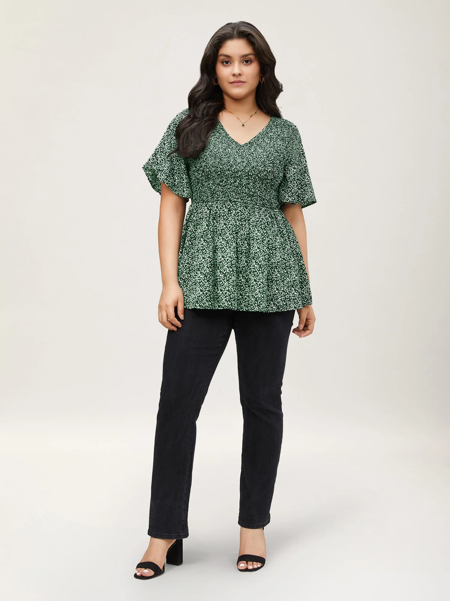 Ditsy Floral Shirred Ruffle Sleeve Elastic Waist Blouse