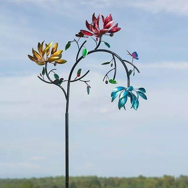 Large Metal Wind Spinner with Three Spinning Flowers and Butterflies
