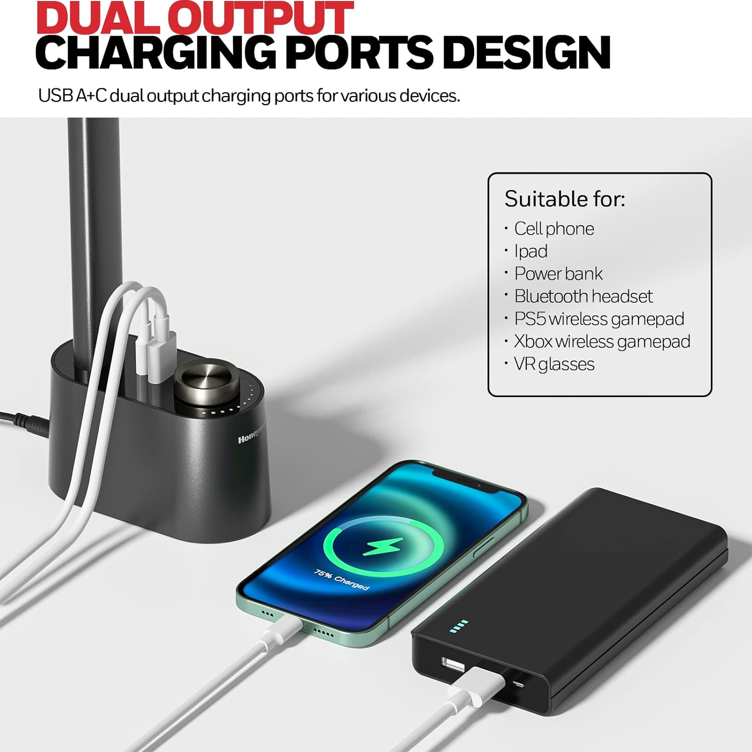 Honeywell Desk Lamp Home Office - LED Lighting with Charging Station A+C USB Port for Small Spaces Bedroom Reading Crafts HWT-H01 Black