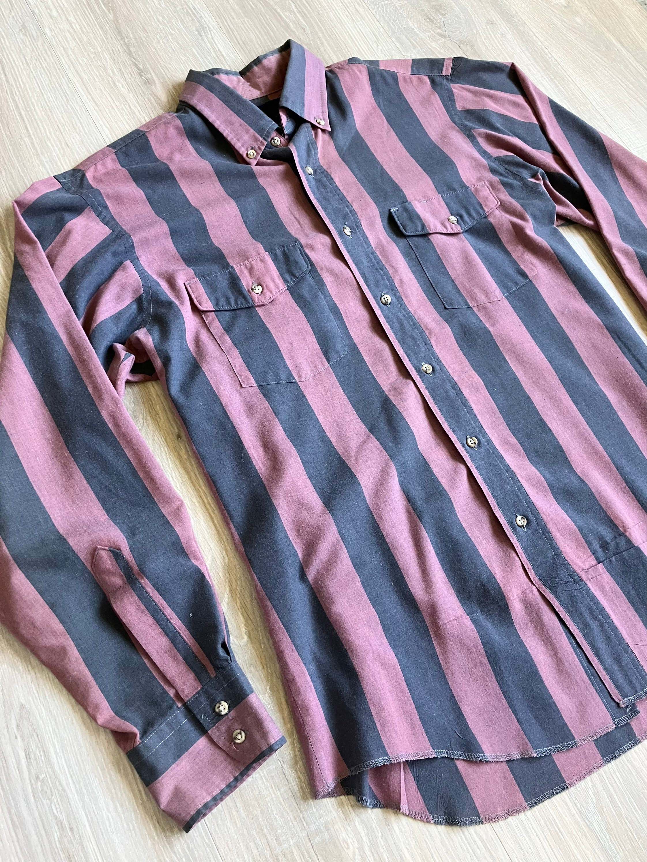 Men's Fashion Western Dark Blue Pink Striped Long Sleeve Shirt