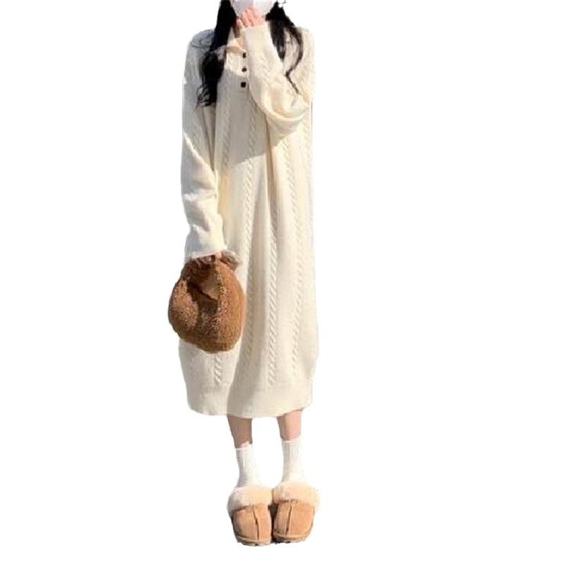Long languid wind lapel knitted dress 2024 autumn and winter new design feeling solid color twist sweater base skirt