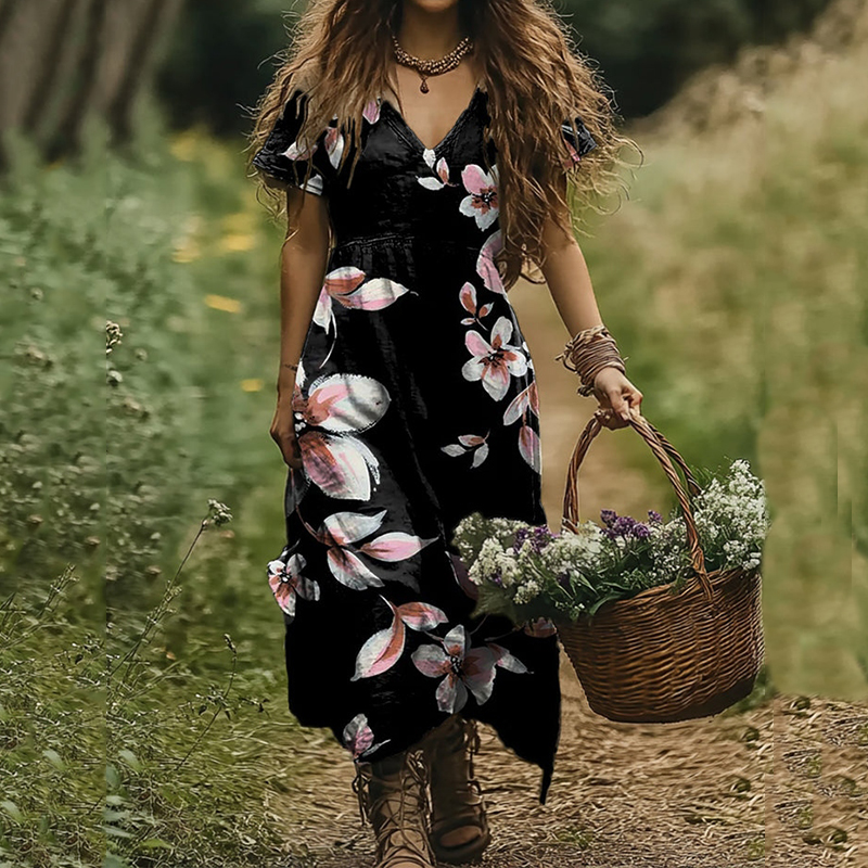 Women's Sakura Art Print V-neck Linen Blend Midi Dress
