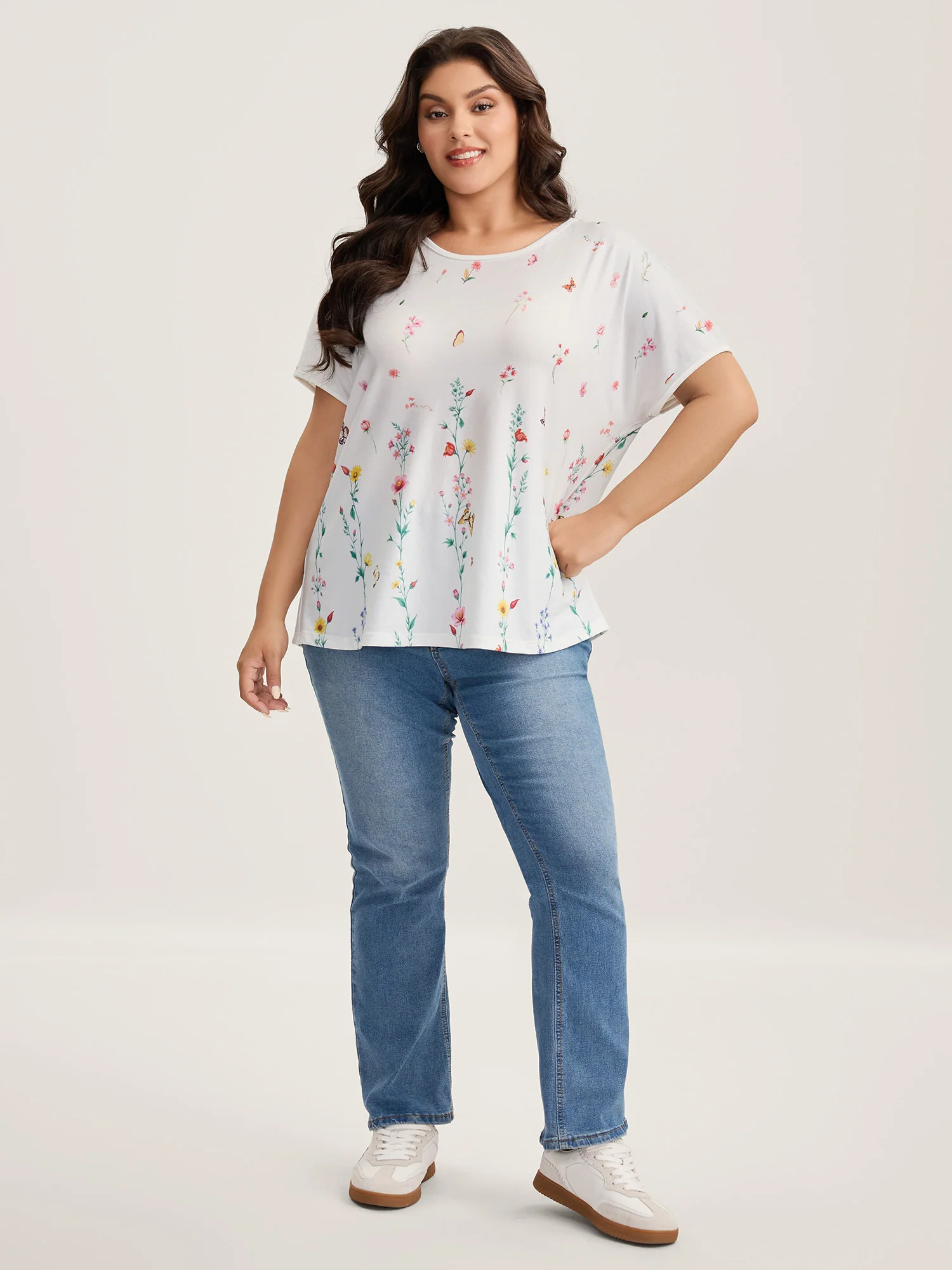 Stretchy Floral Print Round Neck T-Shirt