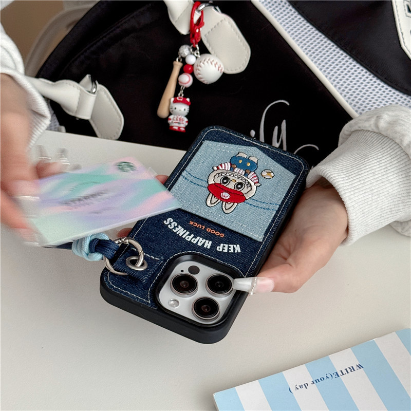 Labubu denim embroidery 3D pocket card slot phone case for iphone