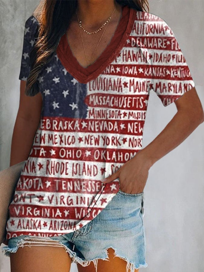 Women's Independence Day Printed V-Neck T-Shirt
