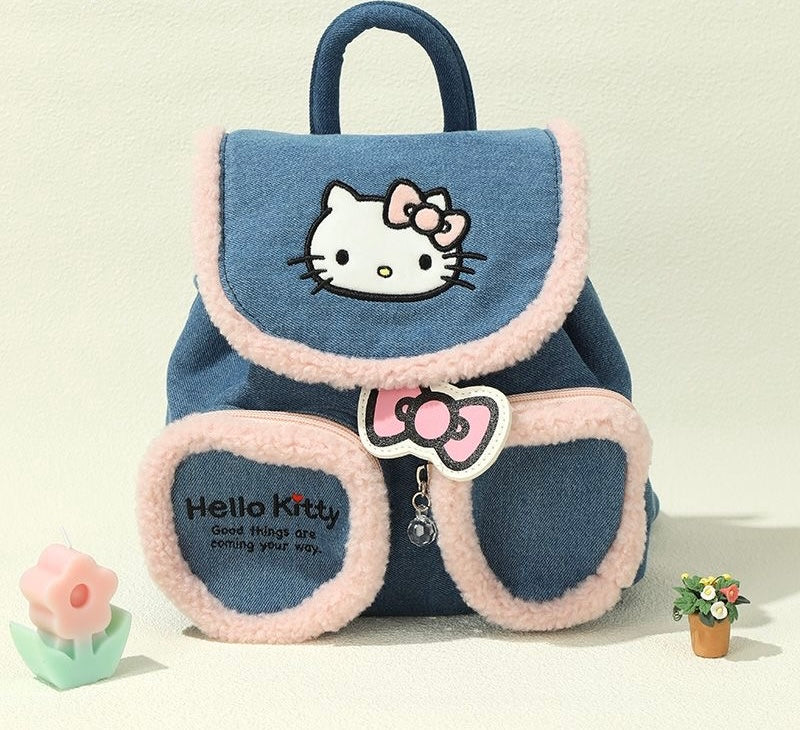 Sanrio Hellokitty Denim Backpack Double Strap Shoulder Bag Purse