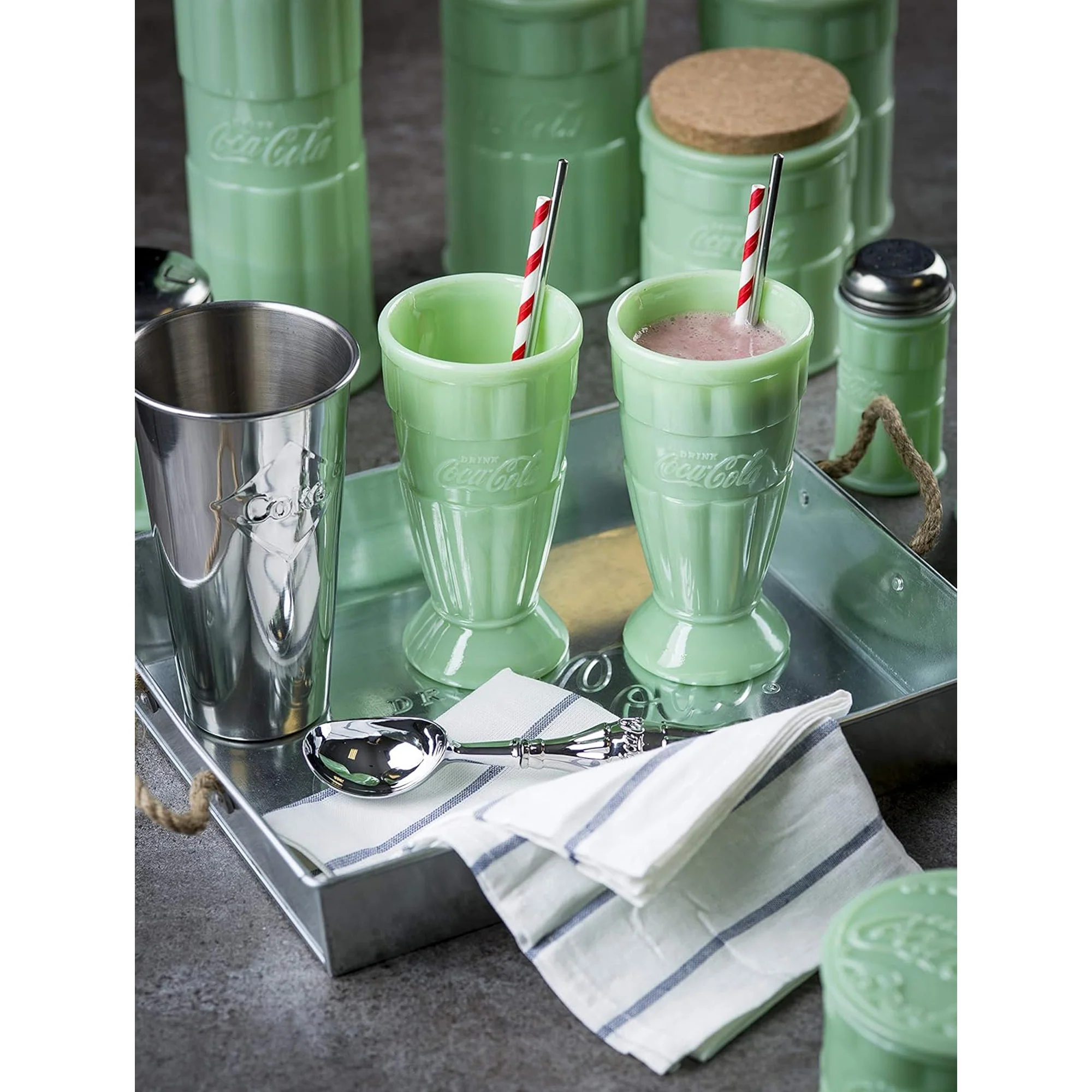 TableCraft's Coca-Cola Jadeite Medium Canister with Lid 4.5x 4.5x 7'', Green