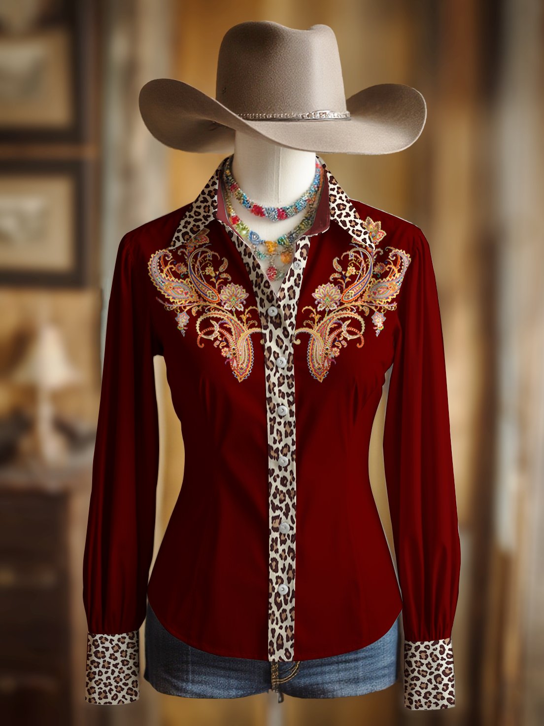 Women's Vintage Paisley Leopard Floral Print Western Long Sleeve Shirt