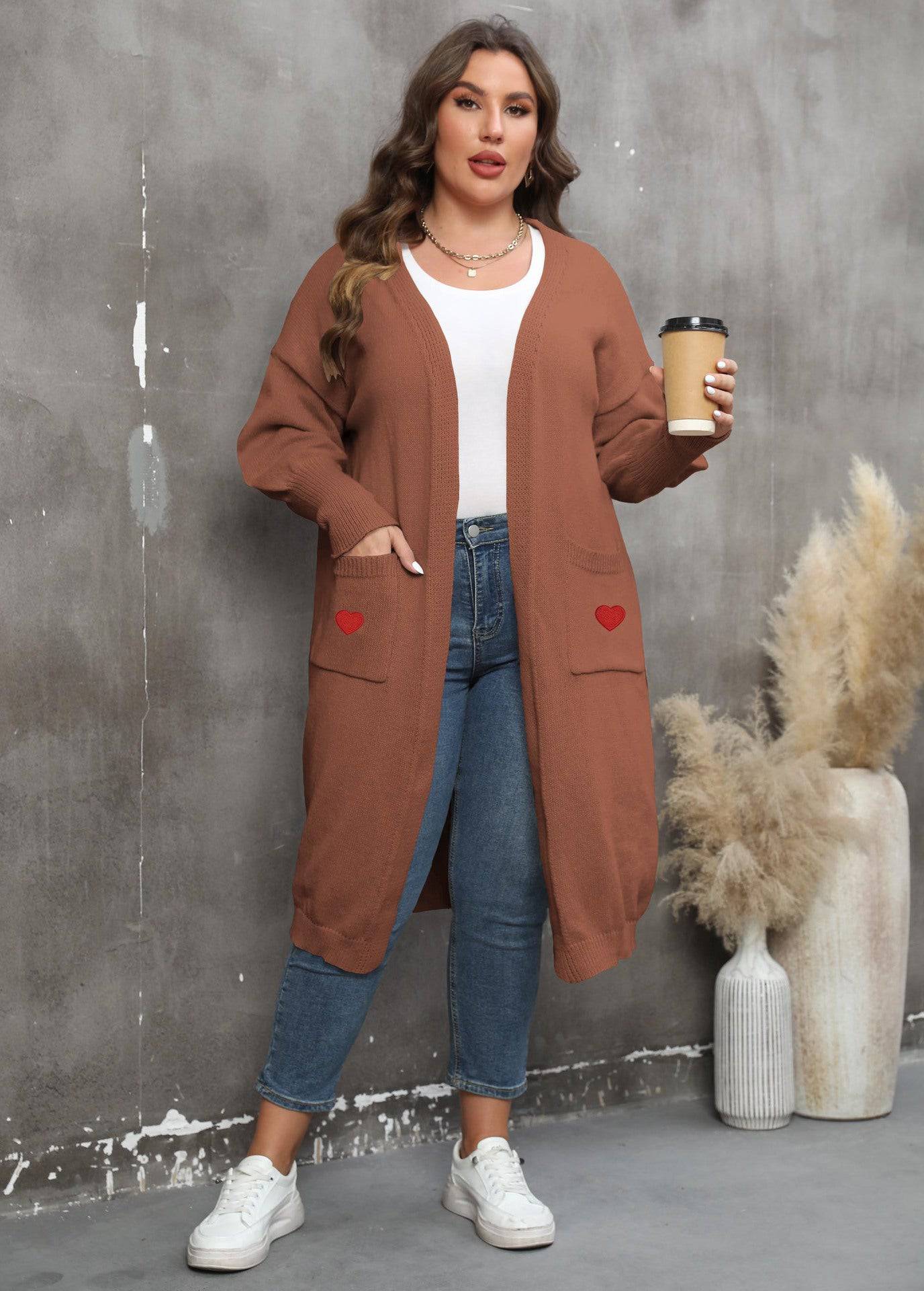 Women plus Size Women Clothes Mid Length Woven Sweater Love Double Pocket Lantern Sleeve Sweater Cardigan