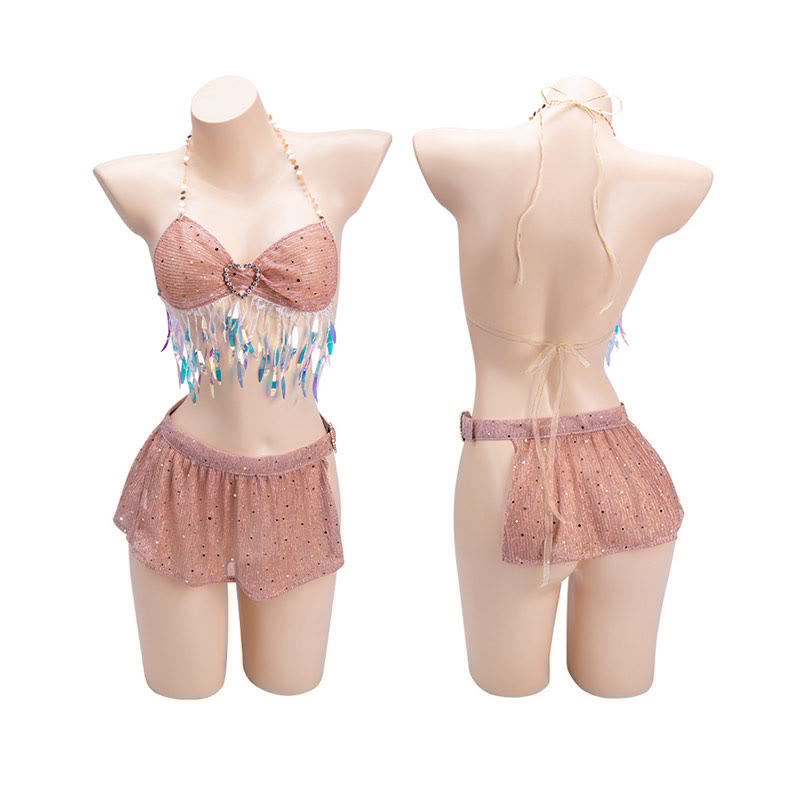 Sexy Lace-up Sequins See-through Mesh Lingerie Set