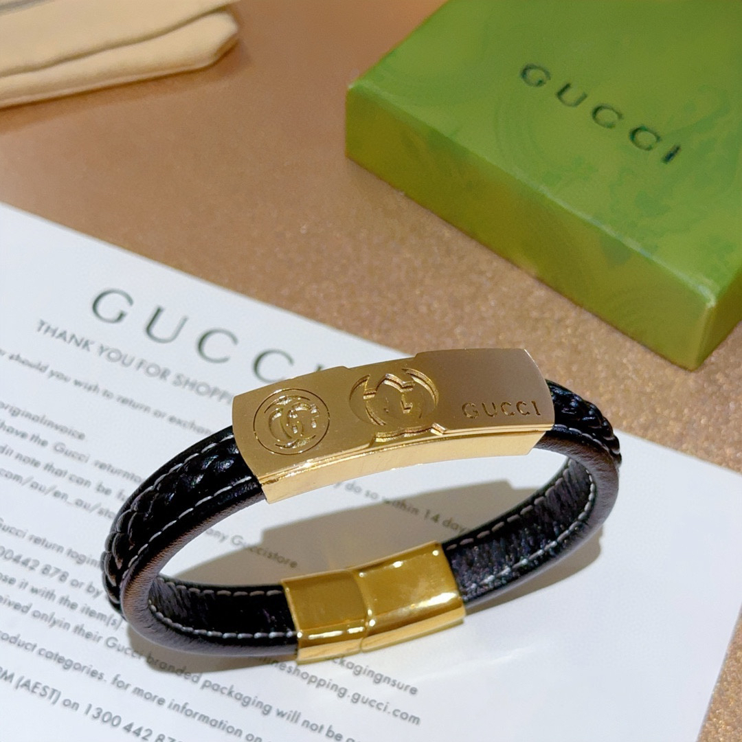 Gucci Braided Black Leather Gold GG Bracelet